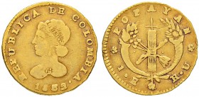 KOLUMBIEN
Republik Kolumbien, 1820-1837. 1 Escudo 1833 (auf 1832), UR-Popayan. 2.84 g. KM 81.2. Fr. 72. Fast sehr schön / About very fine.