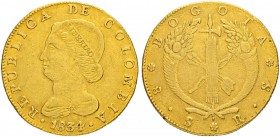 KOLUMBIEN
Republik Kolumbien, 1820-1837. 8 Escudos 1834, RS-Bogota. 26.91 g. KM 82.1. Fr. 67 Fast sehr schön / About very fine.