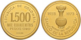 KOLUMBIEN
Republik, 1886-. 1500 Pesos 1973. 50 Jahrfeier des Goldmuseums der Zentralbank in Bogotá. 19.13 g. KM 255. Fr. 132. Polierte Platte. FDC / ...