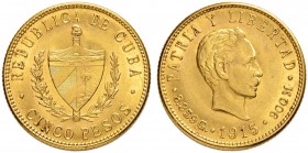 KUBA
Republik
5 Pesos 1915. 8.35 g. Fr. 4. Vorzüglich / Extremely fine.