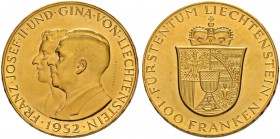LIECHTENSTEIN
Franz Josef II. 1938-1989. 100 Franken 1952. 32.29 g. Divo 131. HMZ 2-1385a. Fr. 19. FDC / Uncirculated.