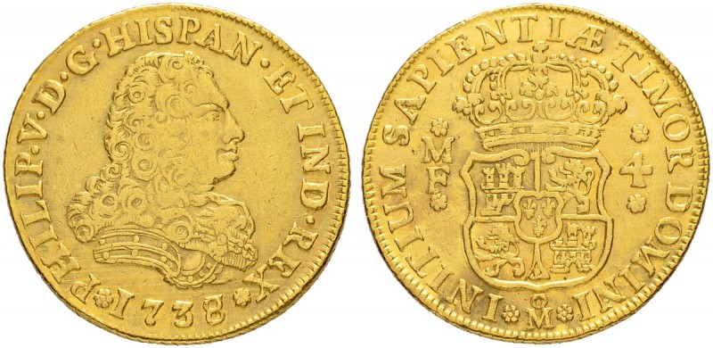 MEXIKO
Felipe V. 1700-1746. 4 Escudos 1738-MF, Mexiko City. 13.43 g. KM 135. Fr...