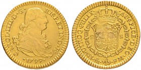 MEXIKO
Carlos IV. 1788-1808. 2 Escudos 1799, FM-Mexico City. 6.68 g. Cayon 14231. Fr. 45. Fassungsspuren / Mounted. Schön-sehr schön / Fine-very fine...