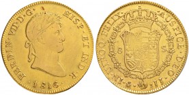 MEXIKO
Fernando VII. 1808-1821. 8 Escudos 1816, JJ-Mexico City. 26.91 g. Cayon 16455. Fr. 52. Sehr schön/Vorzüglich / Very fine/Extremely fine.