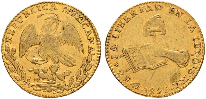 MEXIKO
Republik, 1823-1864. 2 Escudos 1825, JM-Mexico City. 6.77 g. KM 380.7. F...