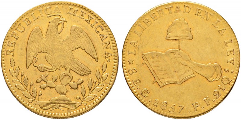MEXIKO
Republik, 1823-1864. 8 Escudos 1857, PF-Guanajuata. 27.38 g. KM 383.7. F...