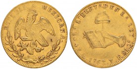 MEXIKO
Republik, 1823-1864. 4 Escudos 1863, YF-Guanajuato. 13.53 g. KM 381.4. Fr. 83. Kleiner Kratzer / Minor. Sehr schön / Very fine