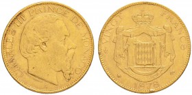 MONACO
Charles III. 1856-1889. 20 Francs 1878 A, Paris. 6.43 g. Gadoury 120. Schl. 6. Fr. 12. Kleine Randfehler / Minor rim nicks. Sehr schön / Very ...