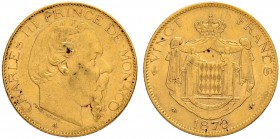 MONACO
Charles III. 1856-1889. 20 Francs 1879 A, Paris. 6.45 g. Gadoury CM102. Schl. 7. Fr. 12. Sehr schön-vorzüglich / Very fine-extremely fine.