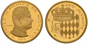 MONACO
Rainier III. 1949-2005. 1/2 Franc 1965. Probe (Essai) in Gold. Von R. Cochet. Geriffelter Rand. 8.69 g. Gad. 133. Schl. 31.12. Selten / Rare. ...