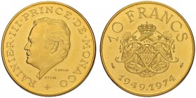 MONACO
Rainier III. 1949-2005. 10 Francs 1974. Probe (Essai) in Gold. Von G. Simon. Geriffelter Rand. 19.53 g. Gad. 142. Schl. 38. FDC / Uncirculated...