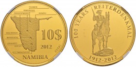 NAMIBIA
10 Dollar 2012. ESSAI in Gold. 100 Jahre Reiterdenkmal. Von grösster Seltenheit. Nur 5 Exemplare geprägt / Of the highest rarity. Only 5 piec...