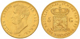 NIEDERLANDE
Königreich der Niederlande
Wilhelm I. 1815-1840. 5 Gulden 1827 B, Brüssel. 3.34 g. Schulman 196. Schl. 90. Fr. 328. Vorzüglich / Extreme...