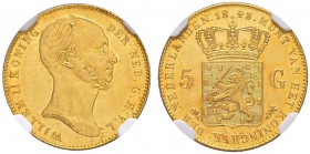 NIEDERLANDE
Königreich der Niederlande
Wilhelm II. 1840-1849. 5 Gulden 1843. Schulman 503. Fr. 334. Äusserst seltene Erhaltung / Extremely rare cond...