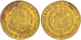 PERU
Fernando VI. 1746-1760. 8 Escudos 1751, J-Lima. 26.94 g. Cayon 10866. Fr. 16. Selten / Rare. Kleine Kratzer / Minor scratches. Fast vorzüglich /...
