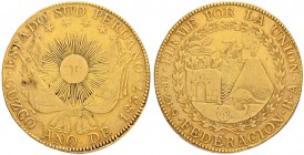 PERU
Süd-Peru. 8 Escudos 1837, BA-(Cuzco). 26.72 g. KM 171. Fr. 91. Kleiner Schrötlingsfehler / Minor planchet defect. Sehr schön / Very fine.
