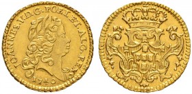 PORTUGAL
João V. 1706-1750. 1/2 Escudo 1740, Lissabon. 1.79 g. Gomes J5 111.18. Fr. 92. Vorzüglich / Extremely fine.