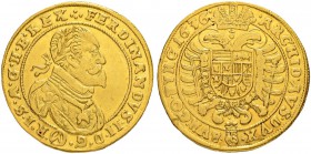 RDR / ÖSTERREICH
Ferdinand II. 1618-1637. 5 Dukaten 1636, Wien. Münzmeister Matthias Fellner, Wien 1619-1637. 17.41 g. Herinek 72. Fr. 152. Sehr selt...