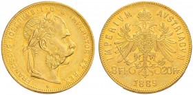 RDR / ÖSTERREICH
Franz Joseph I. 1848-1916. 8 Florin-20 Francs 1889. 6.44 g. Schl. 606. Fr. 502. Fast vorzüglich / About extremely fine.