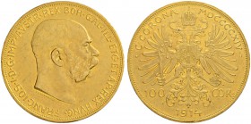 RDR / ÖSTERREICH
Franz Joseph I. 1848-1916. 100 Kronen 1914, Wien. 33.81 g. Schl. 656. Fr. 507. Sehr schön-vorzüglich / Very fine-extremely fine.