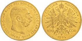 RDR / ÖSTERREICH
Franz Joseph I. 1848-1916. 100 Kronen 1914, Wien. 33.85 g. Schl. 656. Fr. 507. Sehr schön / Very fine.