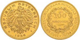 RDR / ÖSTERREICH
I. Republik. 1918-1938. 100 Kronen 1924, Wien. 33.82 g. Schl. 676. Fr. 518. Selten. Nur 2851 Exemplare geprägt / Rare. Only 2851 pie...