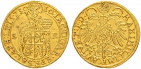 RDR / ÖSTERREICH
Salzburg, Erzbistum
Johann Jakob Khuen von Belasi, 1560-1586. Doppeldukat 1573. Titel Maximilian II. 6.95 g. Zöttl 573. Fr. 637. Vo...