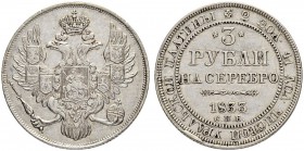 RUSSLAND
Nikolaus I. 1825-1855. 3 Rubel 1833, St. Petersburg. Platin. 10.32 g. Bitkin 79. Schl. 89. Fr. 160. Sehr schön / Very fine.