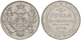 RUSSLAND
Nikolaus I. 1825-1855. 3 Rubel 1834, St. Petersburg. 10.33 g. Bitkin 80. Fr. 160. Sehr schön-vorzüglich / Very fine-extremely fine.