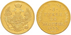 RUSSLAND
Nikolaus I. 1825-1855. 3 Rubel = 20 Zlotych 1834, St. Petersburg für Polen. 3.89 g. Bitkin 1075. Schl. 21 (Polen). Fr. 111 (Polen). Sehr sch...