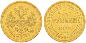 RUSSLAND
Alexander II. 1855-1881. 5 Rubel 1872, St. Petersburg. 6.55 g. Bitkin 20. Fr. 163. Vorzüglich / Extremely fine.
