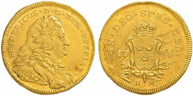 SCHWEDEN
Friedrich I. 1720-1751. Dukat 1748, Stockholm. Ausbeutedukat, geprägt mit Gold aus Ost-Indien. 3.47 g. Ahlström 39. Fr. 66. Selten / Rare. P...