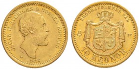 SCHWEDEN
Oscar II. 1872-1907. 10 Kronor 1876. 4.47 g. Schl. 112. Fr. 94. Gutes vorzüglich / Good extremely fine.