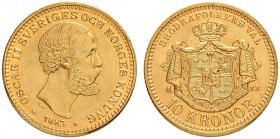 SCHWEDEN
Oscar II. 1872-1907. 10 Kronor 1883, Stockholm. 4.48 g. Schl. 133. Fr. 94a. FDC / Uncirculated.