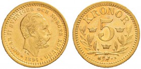 SCHWEDEN
Oscar II. 1872-1907. 5 Kronor 1894, Stockholm. 2.22 g. Schl. 144. Fr. 95. Vorzüglich / Extremely fine.