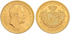SCHWEDEN
Oscar II. 1872-1907. 20 Kronor 1901, Stockholm. 8.96 g. Schl. 137. Fr. 93b. Vorzüglich-FDC / Extremely fine-uncirculated.