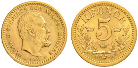 SCHWEDEN
Oscar II. 1872-1907. 5 Kronor 1901, Stockholm. 2.22 g. Ahlström 40. Schl. 146. Fr. 95a. Vorzüglich-FDC / Extremely fine-uncirculated.