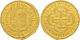 SPANIEN
Königreich
Felipe V. 1700-1746. 8 Escudos 1721, SJ-Sevilla. 26.98 g. Cayon 9978. Fr. 247. Sehr schön-vorzüglich / Very fine-extremely fine....