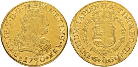 SPANIEN
Königreich
Felipe V. 1700-1746. 8 Escudos 1730, Sevilla. 26.71 g. Cayon 10018. Fr. 233. Schrötlingsfehler / Planchet defect. Sehr schön-vorz...