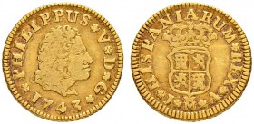 SPANIEN
Königreich
Felipe V. 1700-1746. 1/2 Escudo 1743, JA-Madrid. 1.74 g. Cayon 9475 Fr. 299. Sehr schön / Very fine.