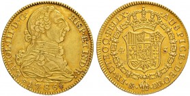 SPANIEN
Königreich
Carlos III. 1759-1788. 4 Escudos 1786, DV-Madrid. 13.42 g. Cayon 12707. Fr. 284. Hübsche Patina / Attractive patina. Vorzüglich /...