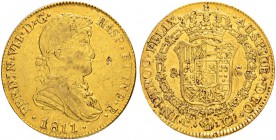 SPANIEN
Königreich
Fernando VII. 1808-1833. 8 Escudos 1811, CI-Cadiz. Ohne Punkt vor HISP. Without dot before HISP. 26.94 g. Cayon 16386. Fr. 305. S...