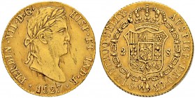 SPANIEN
Königreich
Fernando VII. 1808-1833. 2 Escudos 1827, JB-Sevilla. 6.75 g. Cayon 16296. Schl. 158. Fr. 316. Kleiner Schrötlingsfehler / Minor p...