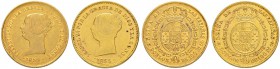 SPANIEN
Königreich
Isabella II. 1833-1868. Doblón de 100 Reales 1850, CL-Madrid. Dazu: Doblón de 100 Reales 1855, Madrid. PLATIN. Cayon 17353. Schl....
