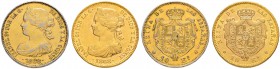 SPANIEN
Königreich
Isabella II. 1833-1868. 10 Escudos 1868 (1868), Madrid. Dazu: 10 Escudos 1868, Madrid. PLATIN. Cayon 17407. Schl. 267, 267.1. Fr....