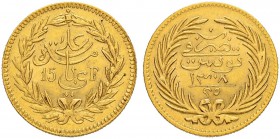 TUNESIEN
Ali Bei, 1299-1320 AH (1882-1902). 15 Francs / 25 Riyals 1308 AH (1891), Paris. 4.82 g. Slg. Miller 182. KM 212. Schl. 611. Fr. 10. Vorzügli...