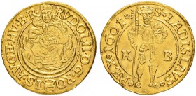 UNGARN
Rudolph II. 1576-1612. Goldgulden 1601, Kremnitz. 3.43 g. Huszar 1002. Fr. 63. Fassungsspuren / Mounted. Sehr schön / Very fine.