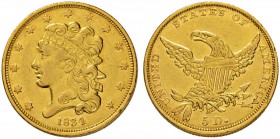 USA
5 Dollars 1834, Philadelphia. Liberty classic head. 8.32 g. Fr. 135. Winz. Randfehler / Minor rim nick. Gutes sehr schön / Good very fine.