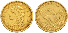 USA
2 1/2 Dollars 1834, Philadelphia. Liberty classic head. 4.06 g. Fr. 110. Kleine Kratzer / Minor scratches. Sehr schön / Very fine.