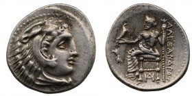 Kingdom of Macedon. Alexander III AR Drachm. Miletos c. 325-323. Head of Herakles r., wearing lion skin / Zeus Aëtophoros seated l.; thunderbolt in l....